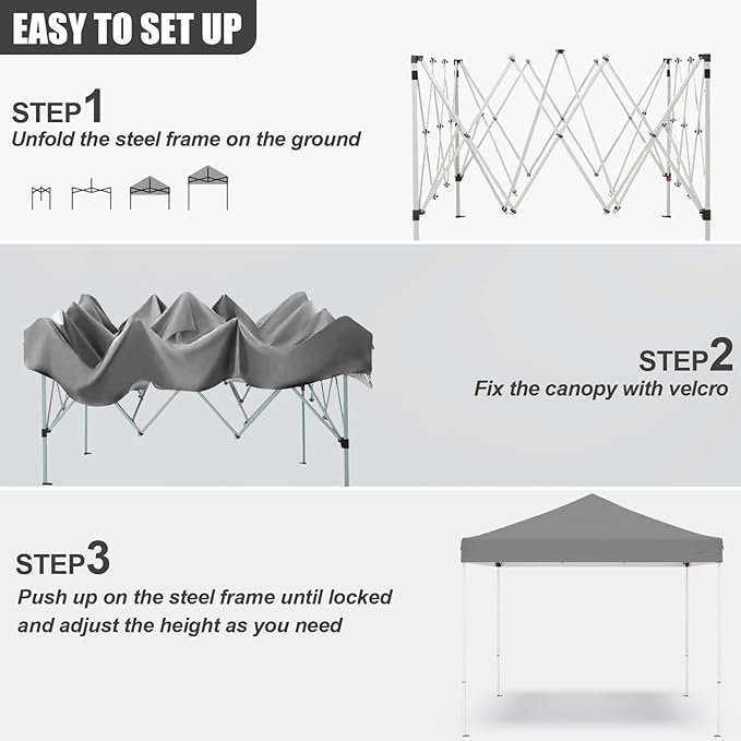 10x10ft Pop Up Canopy Tent,Heavy Duty Waterproof Folding Tent for Camping Parties Events Parties,Outdoor Canopy,Portable Sun Shelter,3 Adjustable Height(Grey)-BloomoryGarden