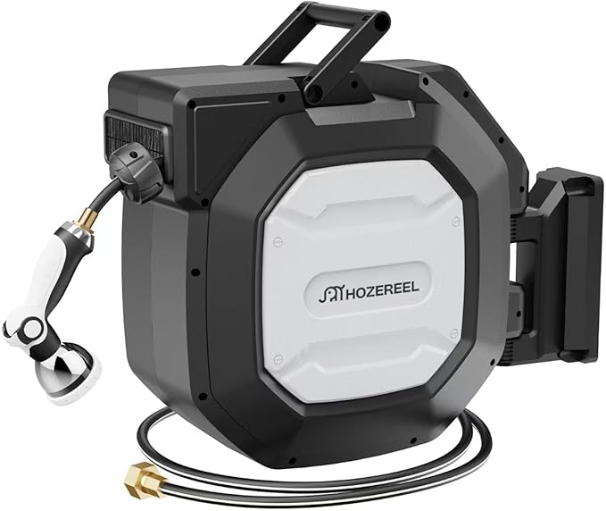 135 ft x 1/2" HOZEREEL Heavy Duty Retractable Garden Hose Reel, Garden Hose Reels Outdoor Organizer- Self Retracting Wall Mount Hose Reel Automatic Recoil Storage, Any Length Lock, 10 Pattern Nozzle-BloomoryGarden