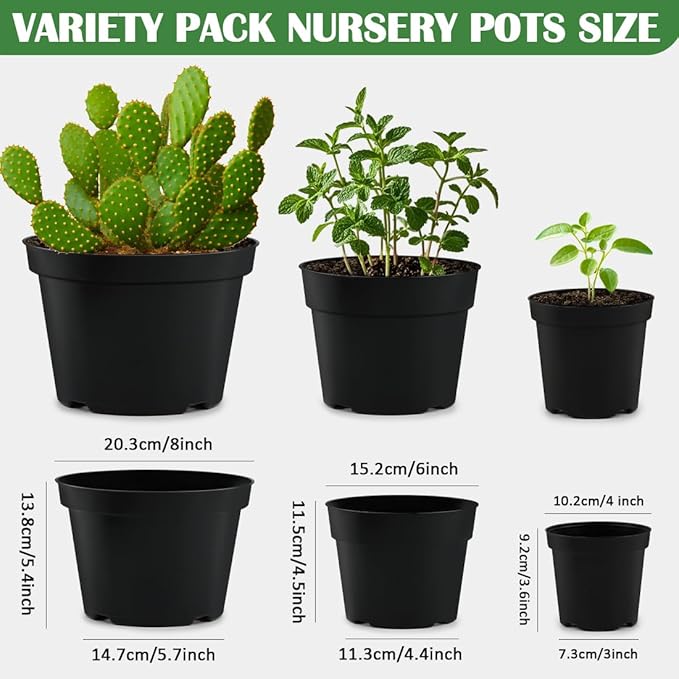 15 Pack 4/6/8 Inch Plant Nursery Pots, Thickened Plastic Pots for Plants with Drainage Holes, Sturdy Seedling Pots, Seed Starting Pots, Flower Pots for Indoor Outdoor Plants, Black-BloomoryGarden
