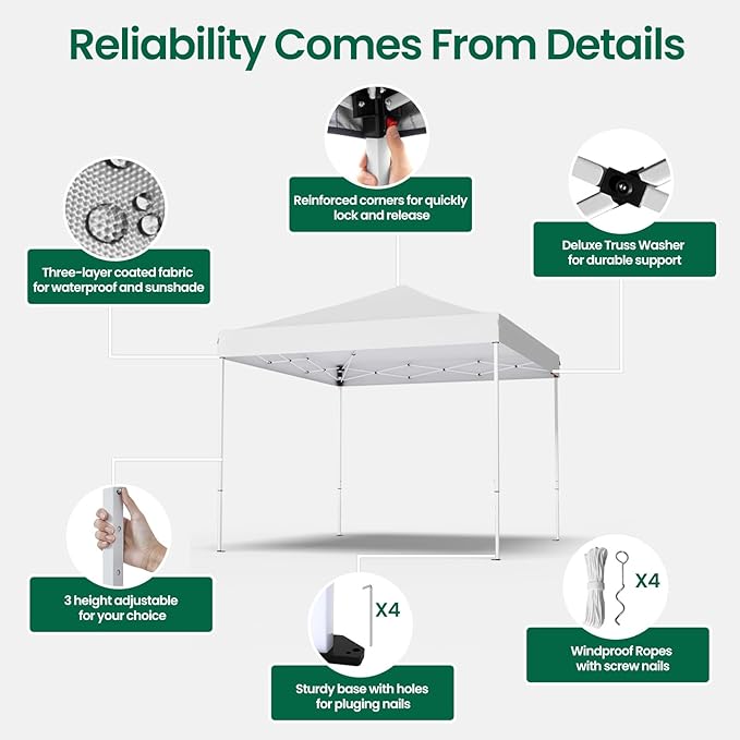 10x10ft Pop Up Canopy Tent,Heavy Duty Waterproof Folding Tent for Camping Parties Events Parties,Outdoor Canopy,Portable Sun Shelter,3 Adjustable Height(White)-BloomoryGarden