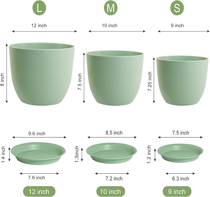 12/10/9 Large Modern Plant Pots, Plastic Planters with Drainage Holes and Saucers for Indoor Outdoor Plants Flowers, Green-BloomoryGarden