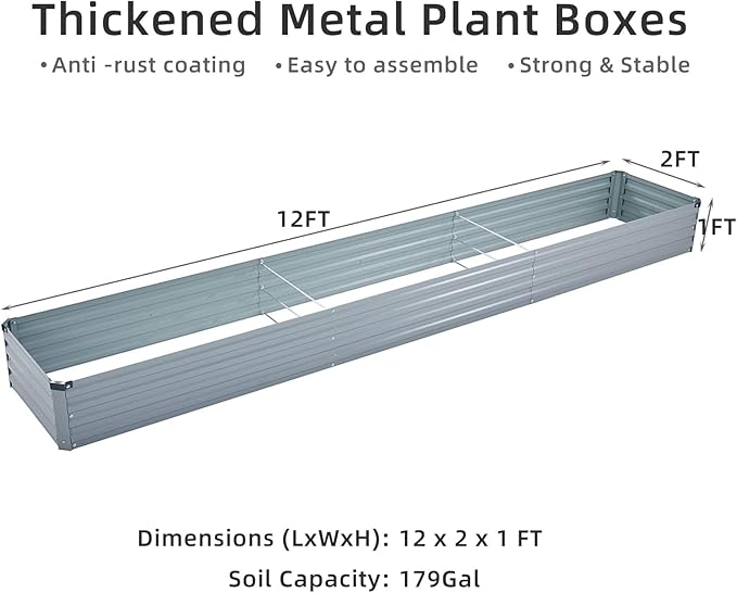12x2x1FT Galvanized Raised Garden Beds Kit Large Outdoor Metal Gardening Planter Box for Vegetable Elevated Flower Herbs, Gray-BloomoryGarden