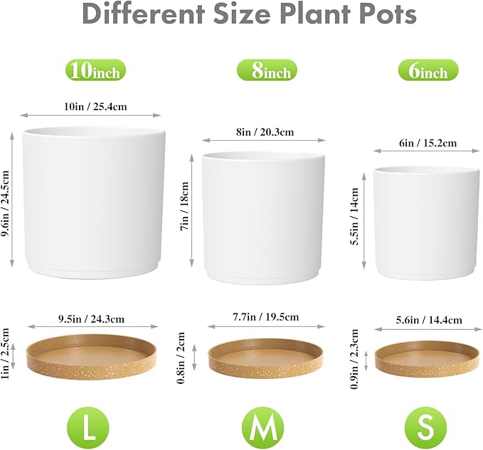 10/8/6 inch Deep Plant Pots, 3 Pack Cylindrical Large Flower Pots for Outdoor Indoor Plants, Tall Plastic Planters with Drainage Holes and Saucers for Garden House Plants, White with Brown-BloomoryGarden