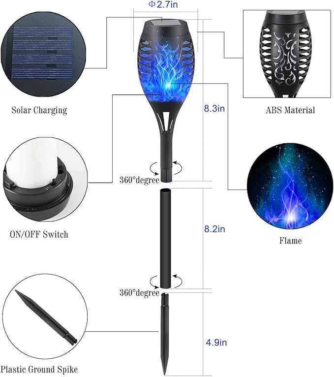 12-Pack Blue Solar Flickering Flame Torches – Waterproof Solar Garden Lights, Outdoor Solar Lights for Yards, and Flame Torches for Patio and Pathway Decorations-BloomoryGarden