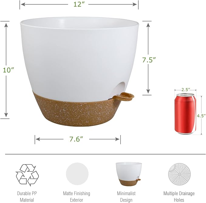 12 inch Large Self Watering Pots, Plastic Planters with 60oZ Removable Deep Reservoir and Multi Mesh Drainage Holes for Indoor Outdoor Garden Plants and Flowers, White with Brown-BloomoryGarden