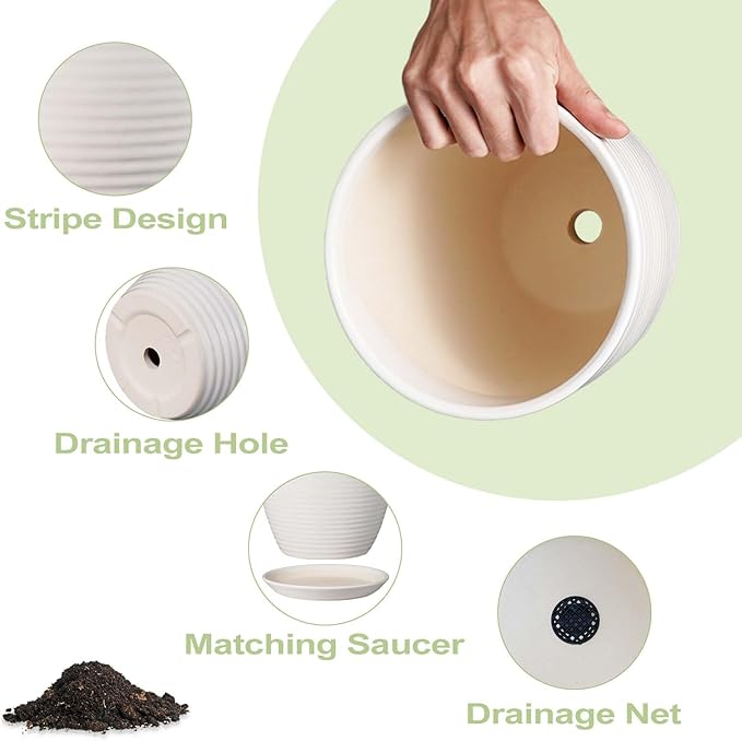 12 Inch Ceramic Planter Pot, Large Planter Pot with Drainage Hole and Saucer Round Flower Pot for Indoor Outdoor Plants, White-BloomoryGarden