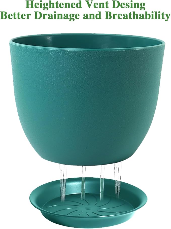 12/10/9 Large Modern Plant Pots, Plastic Planters with Drainage Holes and Saucers for Indoor Outdoor Plants Flowers, Malachite Green-BloomoryGarden