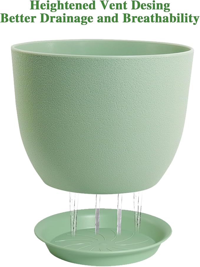 12/10/9 Large Modern Plant Pots, Plastic Planters with Drainage Holes and Saucers for Indoor Outdoor Plants Flowers, Green-BloomoryGarden