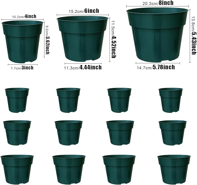 15 Pack 4/6/8 Inch Plant Nursery Pots, Thickened Plastic Pots for Plants with Drainage Holes, Sturdy Seedling Pots, Seed Starting Pots, Flower Pots for Indoor Outdoor Plants, Green-BloomoryGarden