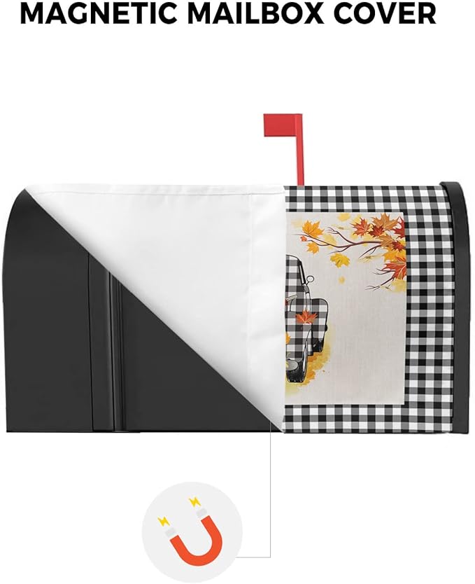 Magnetic Mailbox Cover Oversized 21"x25.5" Fall Black and White Buffalo Plaid Truck with Pumpkins Post Box Cover Mailbox Wraps Post Letter Box Cover for Holiday Garden Yard Outdoor Decor-BloomoryGarden