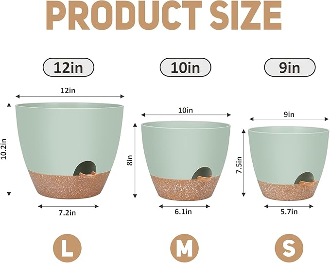 12" 10" 9" Large Self Watering Plant Pots, 3 Pack Flower Pots Planters with Multi Mesh Drainage Holes for Indoor Outdoor Garden Plants and Flowers.-BloomoryGarden