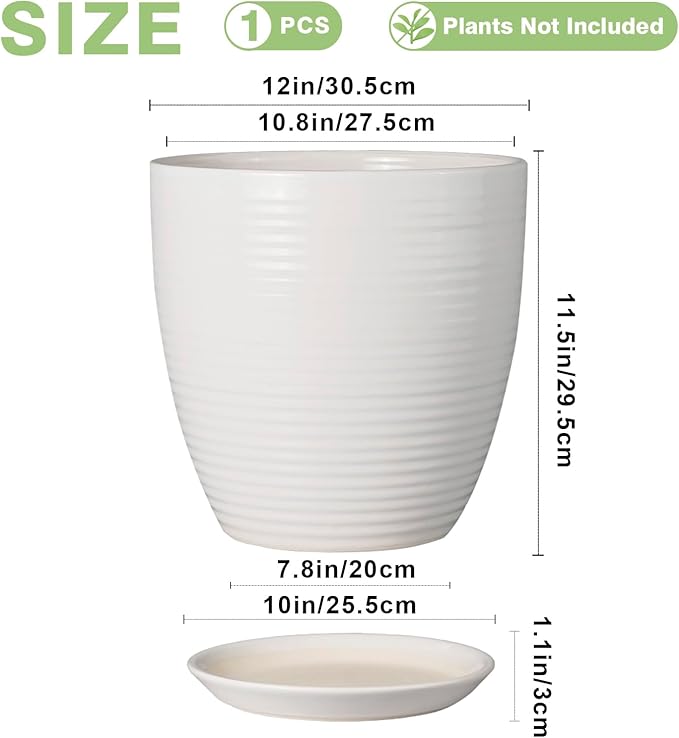 12 Inch Ceramic Planter Pot, Large Planter Pot with Drainage Hole and Saucer Round Flower Pot for Indoor Outdoor Plants, White-BloomoryGarden