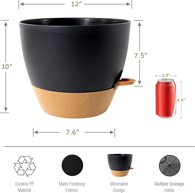 12 inch Large Self Watering Pots, Plastic Planters with 60oZ Removable Deep Reservoir and Multi Mesh Drainage Holes for Indoor Outdoor Garden Plants and Flowers, Black with Brown-BloomoryGarden