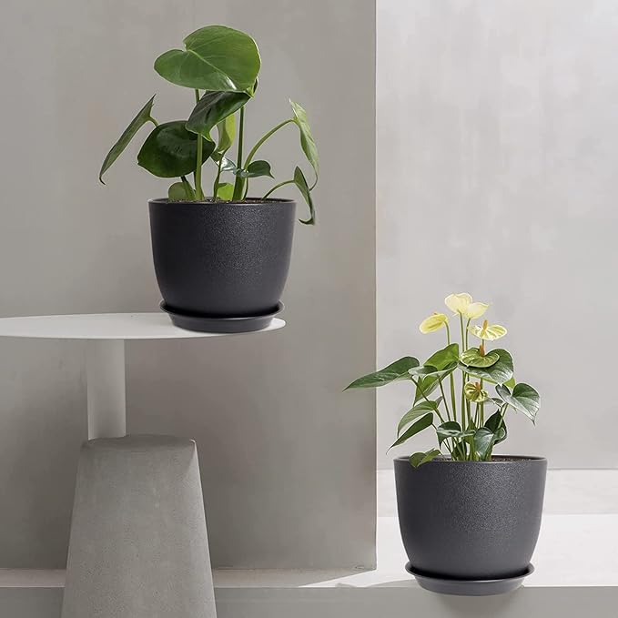 12/10/9 Large Modern Plant Pots, Plastic Planters with Drainage Holes and Saucers for Indoor Outdoor Plants Flowers, Black-BloomoryGarden