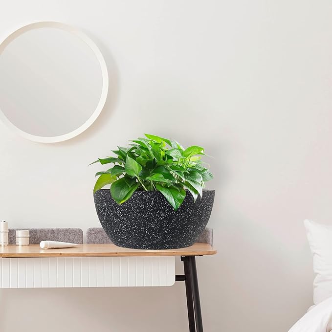 13 inch Large Hanging Planters Plant Pots for Outdoor Indoor Plants with Drainage Holes and Chain, 2 Pack Round Hanging Flower Pots for Garden Home Porch Decor, Speckled Black-BloomoryGarden