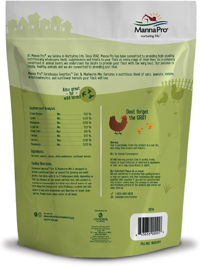 Manna Pro Farmhouse Favorites Oat & Mealworm Mix Poultry Treat – Natural Protein Source – Encouraging Poultry Treat – Mix of Oats, Peanuts, Raisins, Mealworms, Sunflower Kernels – 2lbs-BloomoryGarden