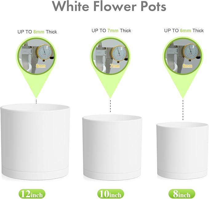 12/10/8 inch Large Plant Pots, 3 Pack Deep Cylinder Flower Pots for Outdoor Indoor Plants, Tall Plastic Planters with Drainage Holes and Saucers for Garden House Plants, White-BloomoryGarden