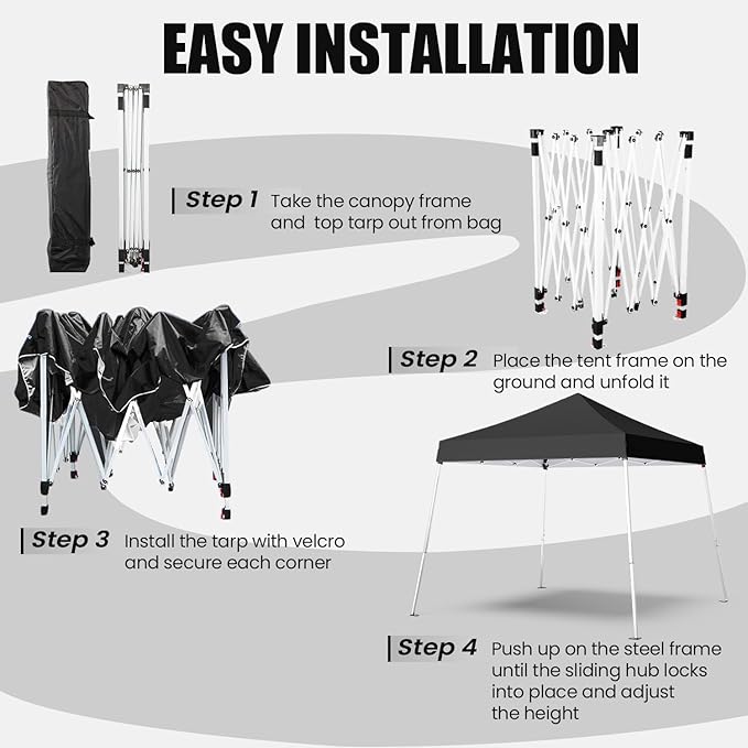 10x10 Pop Up Canopy, 300D Silver Coated Black Fabric Outdoor Gazebo, Beach Tent Slant Legs with Storage Bag,Easy Up Sun Shade Shelter Tents with 8x8 Top Cover for Patio,Party-BloomoryGarden
