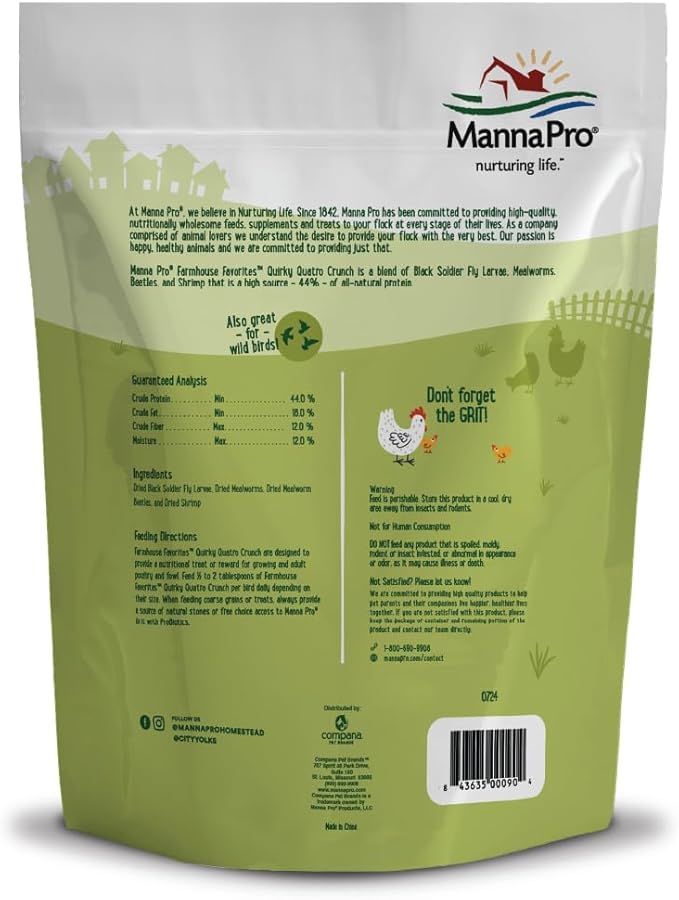 Manna Pro Farmhouse Favorites Quirky Quatro Crunch – 100% Natural Protein Treat for Mixed Flocks – Blend of Black Solider Fly Larvae, Mealworms, Beetles & Shrimp – 2lb-BloomoryGarden