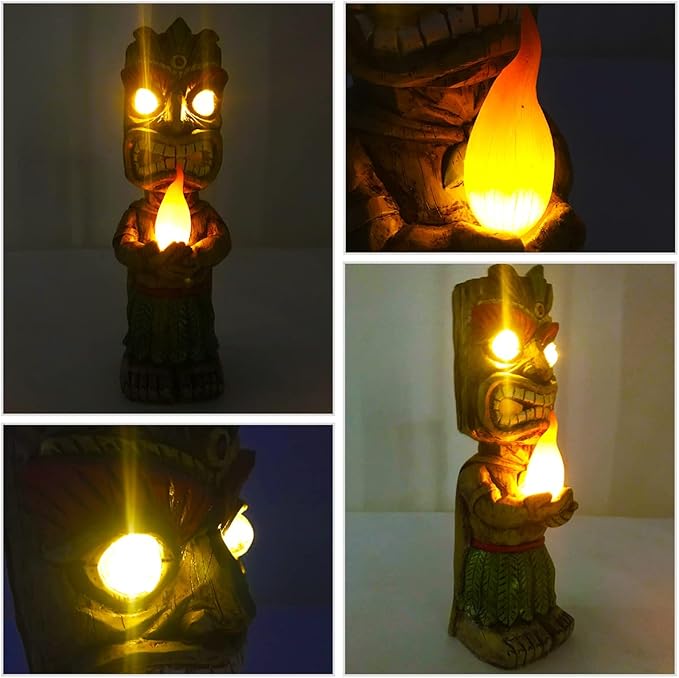 13" Tall Solar Torch Tiki Garden Statue, Resin Large Tiki Decor Figurine with Solar Lights, Hawaiian Tiki Man, Outdoor Patio Yard Lawn Bar Party Beach Pool Pond Decoration, Valentine's Day Gift-BloomoryGarden