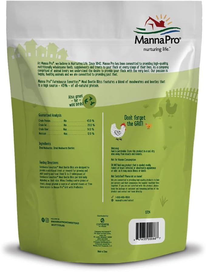 Manna Pro Farmhouse Favorites Beetle Bliss Poultry Treat – Blend of Mealworms and Beetles – All Natural Treat for Chickens, Ducks, Geese, Turkeys, & Guinea Fowl – 45% Protein – 2lb Bag-BloomoryGarden