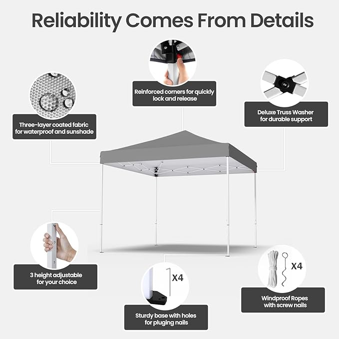 10x10ft Pop Up Canopy Tent,Heavy Duty Waterproof Folding Tent for Camping Parties Events Parties,Outdoor Canopy,Portable Sun Shelter,3 Adjustable Height(Grey)-BloomoryGarden