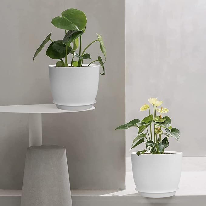 12/10/9 Large Modern Plant Pots, Plastic Planters with Drainage Holes and Saucers for Indoor Outdoor Plants Flowers, White-BloomoryGarden