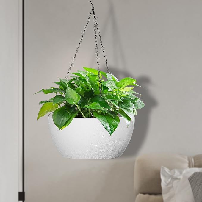 13 inch Large Hanging Planters Plant Pots for Outdoor Indoor Plants with Drainage Holes and Chain, 2 Pack Round Hanging Flower Pots for Garden Home Porch Decor, White-BloomoryGarden
