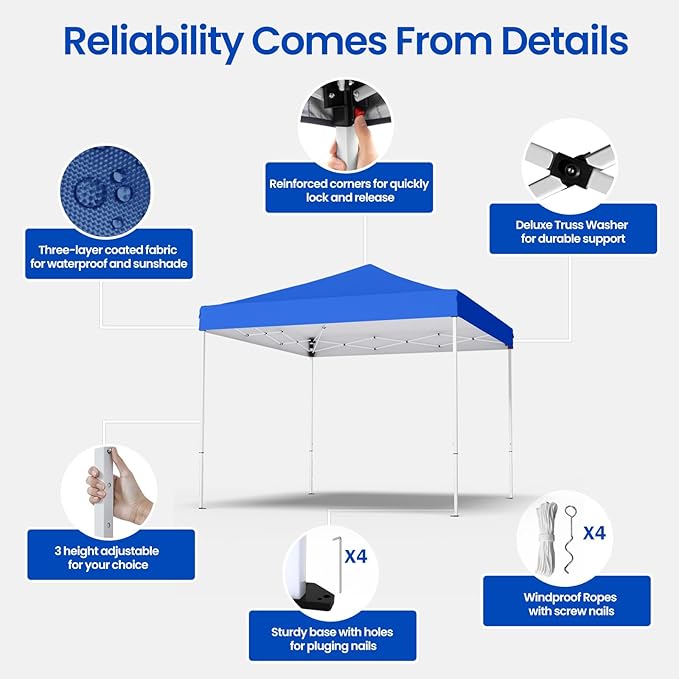 10x10ft Pop Up Canopy Tent,Heavy Duty Waterproof Folding Tent for Camping Parties Events Parties,Outdoor Canopy,Portable Sun Shelter,3 Adjustable Height(Blue)-BloomoryGarden
