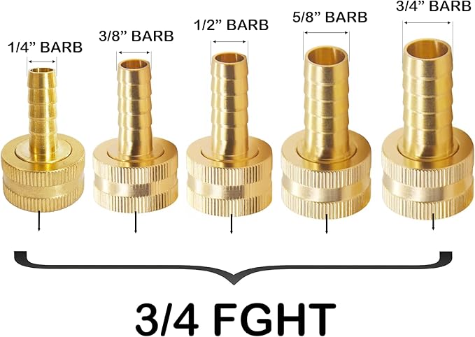 1/4" Barb, 3/8" Barb, 1/2" Barb, 5/8" Barb, 3/4" Barb x 3/4 Female GHT Thread(2 pcs of each)Solid Brass Water Hose End Repair Connector, Includes 14 Stainless Steel Clamps and 14 gaskets