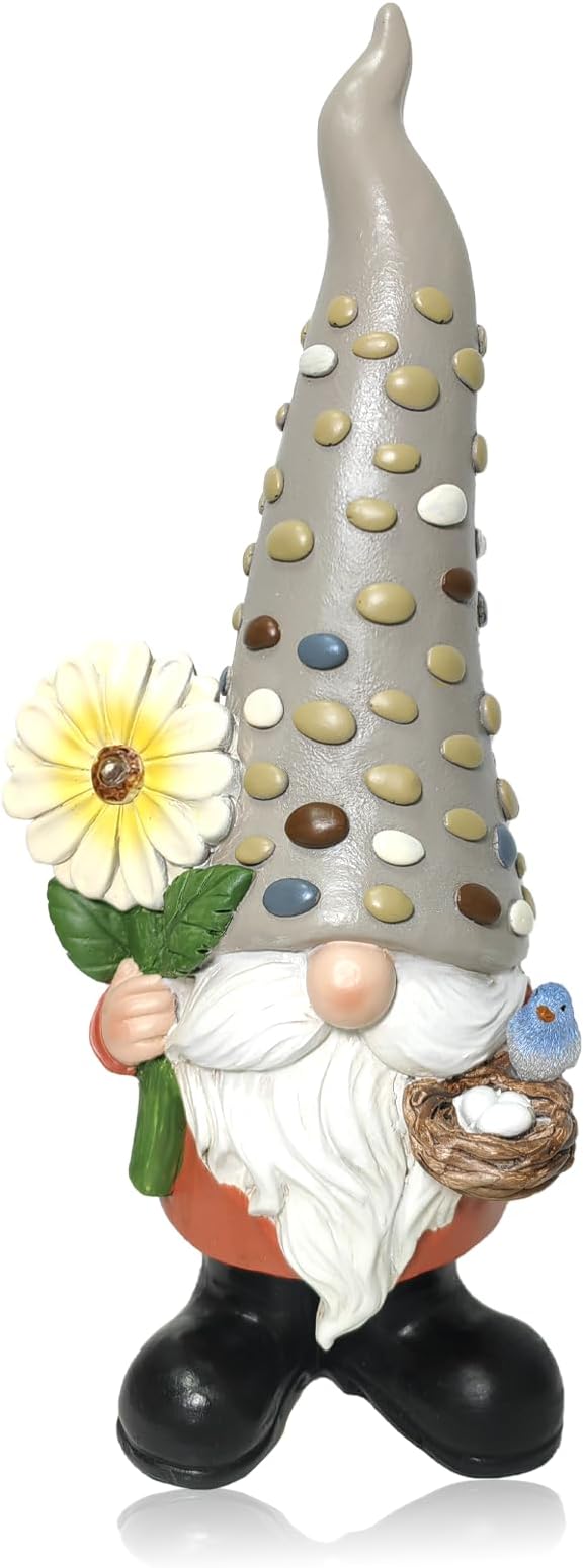 12 Inch Solar Garden Gnome Statue Clearance with Sunflower and Bird's Nest Light – Outdoor High Hat Gnome Sculpture Outdoor Statue for Patio and Garden Decor – Figurine Gift for Gnome Lovers-BloomoryGarden