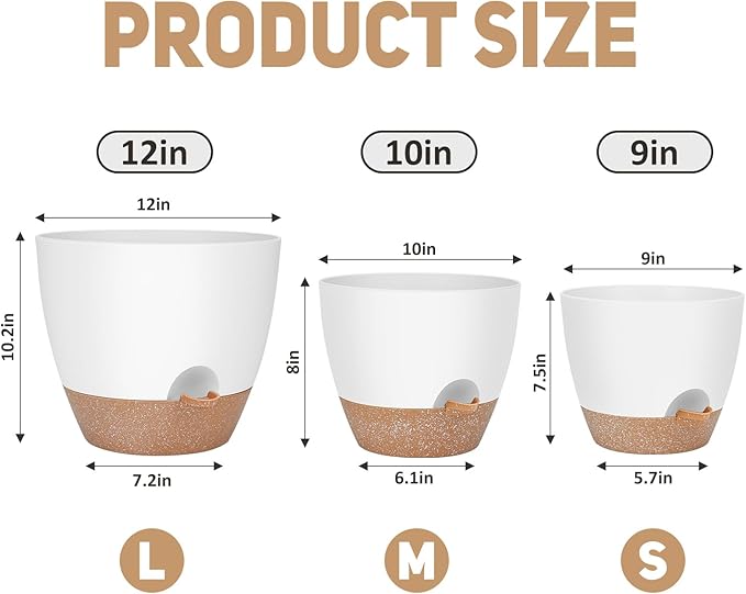 12" 10" 9" Large Self Watering Plant Pots, 3 Pack Flower Pots Planters with Multi Mesh Drainage Holes for Indoor Outdoor Garden Plants and Flowers.-BloomoryGarden