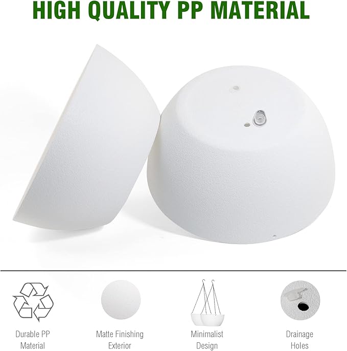 13 inch Large Hanging Planters Plant Pots for Outdoor Indoor Plants with Drainage Holes and Chain, 2 Pack Round Hanging Flower Pots for Garden Home Porch Decor, White-BloomoryGarden