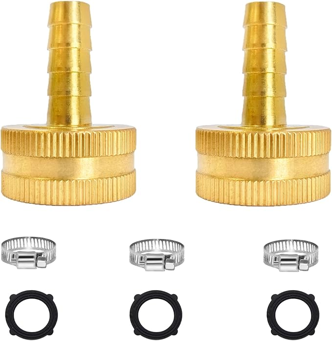 1/4" Barb x 3/4" Female GHT Thread Solid Brass Water Hose End Repair Connector, Includes Stainless Steel Clamps and gaskets(Pack of 2)
