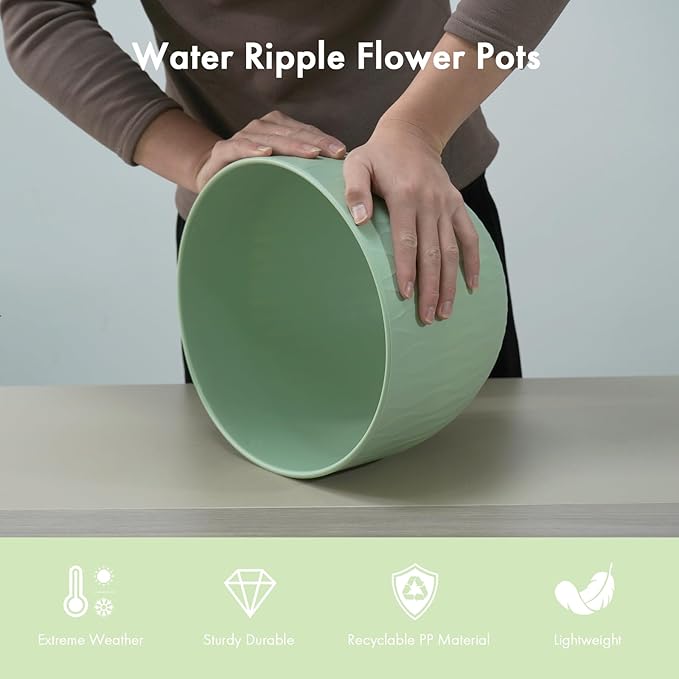 12 Inch Large Plant Pots for Indoor or Outdoor Plants, Wide Water Ripples Flower Pots with Drainage Holes & Saucer, Plastic Planters Set for Garden & Home Decor (Green)-BloomoryGarden
