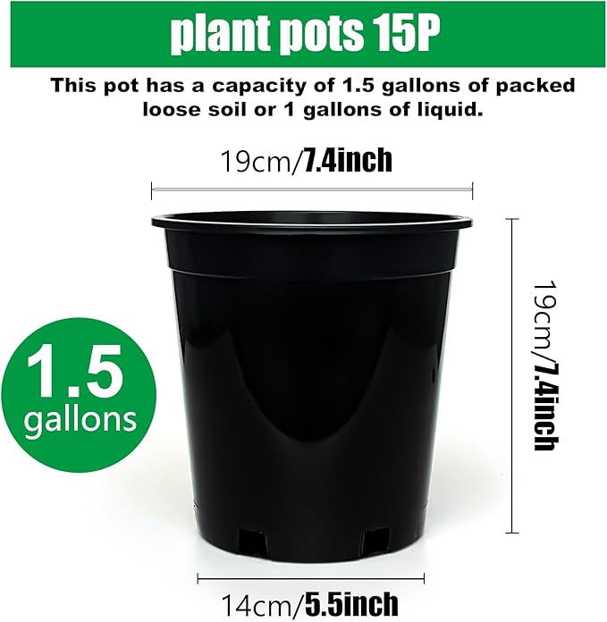 1.5 Gallon Plastic Nursery Pots, 7.5 Inch Round Plant Pots with Drainage Holes, 15 Pack Flower Pots for Outdoor Indoor Plants, Flowers, Black-BloomoryGarden