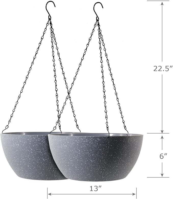 13 inch Large Hanging Planters Plant Pots for Outdoor Indoor Plants with Drainage Holes and Chain, 2 Pack Round Hanging Flower Pots for Garden Home Porch Decor, Speckled Grey-BloomoryGarden