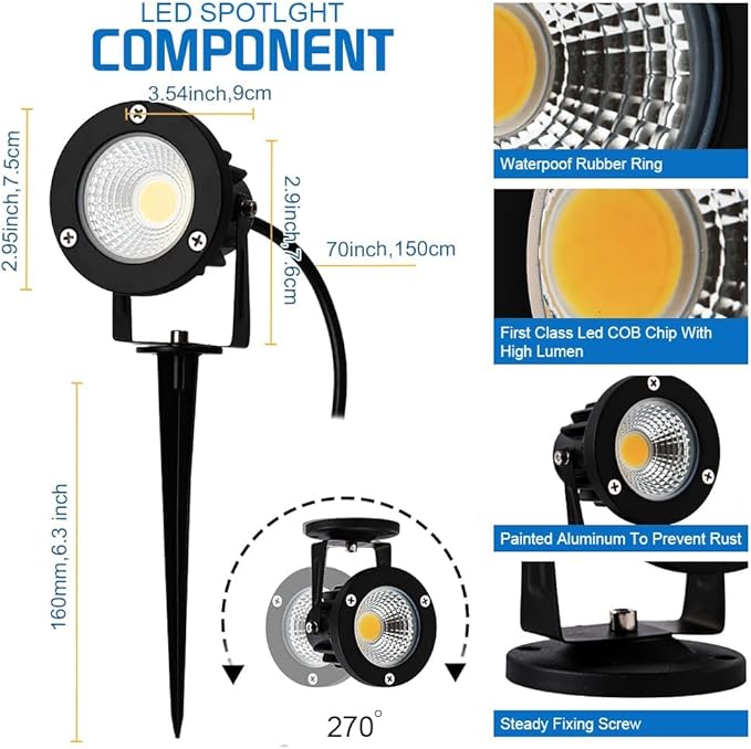 12W LED Landscape Spotlight,120V Landscape Lighting Outdoor for Mounted Flag Pole Light,IP65 Landscape Lights Warm White Garden Decorative Lamp 6FT Cord with US 3 Prong (Base,Stake Included)-BloomoryGarden