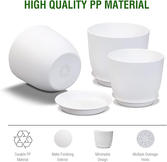 12/10/9 Large Modern Plant Pots, Plastic Planters with Drainage Holes and Saucers for Indoor Outdoor Plants Flowers, White-BloomoryGarden