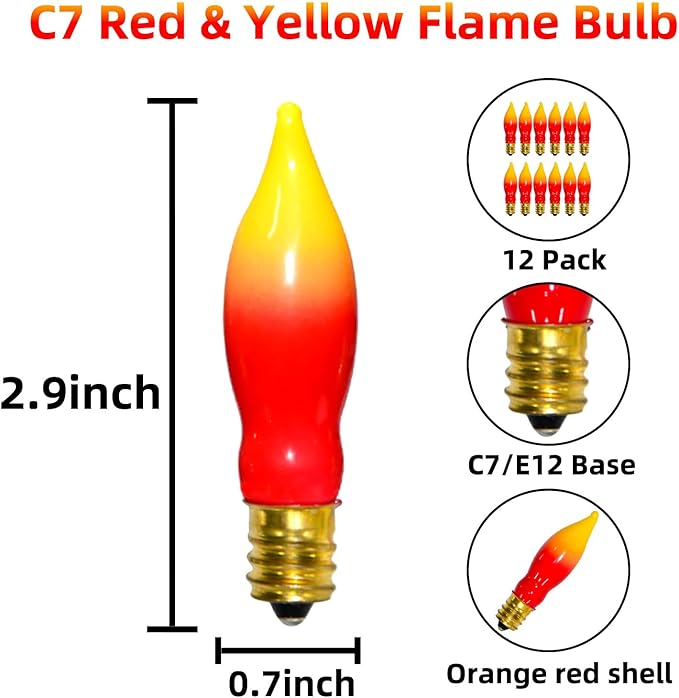12 Pack C7 Replacement Bulbs E12 Candelabra Bulb - Red Yellow Incandescent Light Bulbs, Perfect as Halloween Christmas Light Bulbs, Candle Light Bulbs, 7 Watt, E12 Base-BloomoryGarden