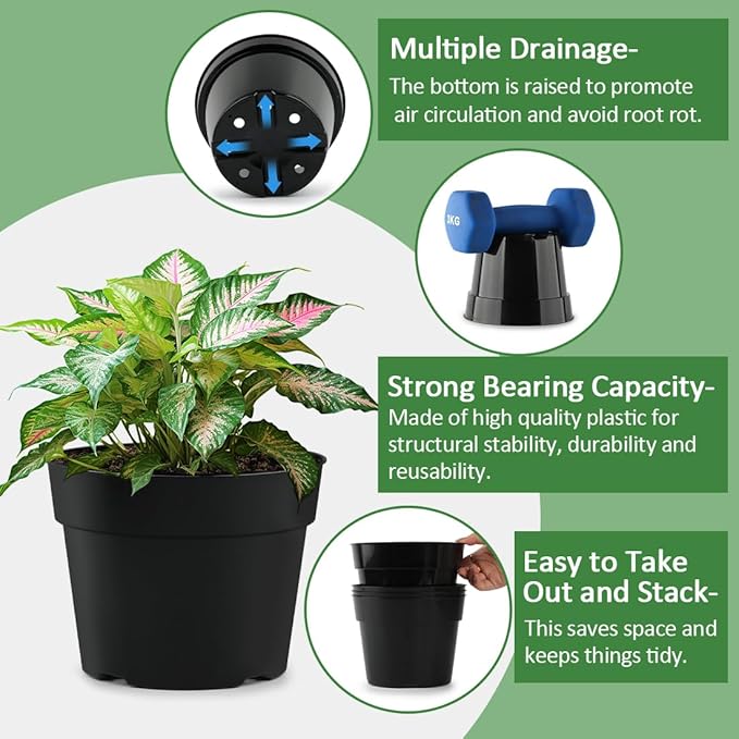 15 Pack 4/6/8 Inch Plant Nursery Pots, Thickened Plastic Pots for Plants with Drainage Holes, Sturdy Seedling Pots, Seed Starting Pots, Flower Pots for Indoor Outdoor Plants, Black-BloomoryGarden
