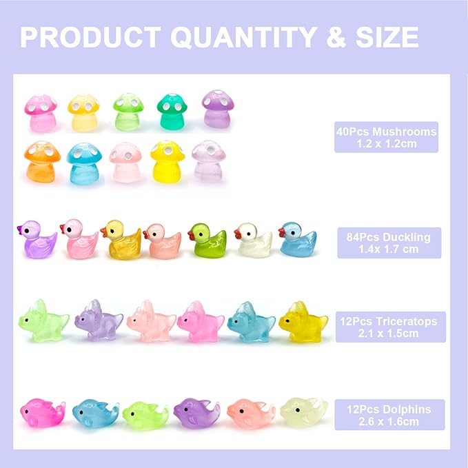 148Pcs Luminous Mini Resin Animals, Tiny Ducks Glow in The Dark Dolphins Dinosaurs Mushrooms 4 Combination Resin Set, Miniature Figures for Garden Decoration Aquarium Home Party Decor-BloomoryGarden