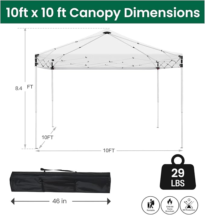 10x10ft Pop Up Canopy Tent,Heavy Duty Waterproof Folding Tent for Camping Parties Events Parties,Outdoor Canopy,Portable Sun Shelter,3 Adjustable Height(White)-BloomoryGarden