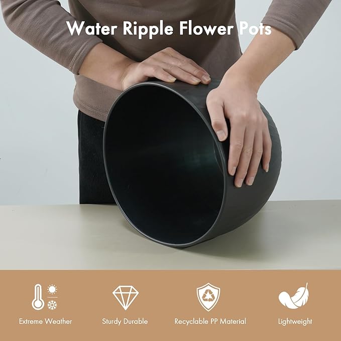 12 Inch Large Plant Pots for Indoor or Outdoor Plants, Wide Water Ripples Flower Pots with Drainage Holes & Saucer, Plastic Planters Set for Garden & Home Decor (Black)-BloomoryGarden