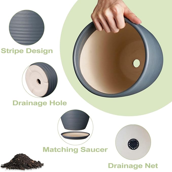 12 Inch Pots for Plants Ceramic Planter Pot Large Flower Pot with Drainage Hole and Saucer for Home Patio Garden Office Indoor Outdoor Gray-BloomoryGarden