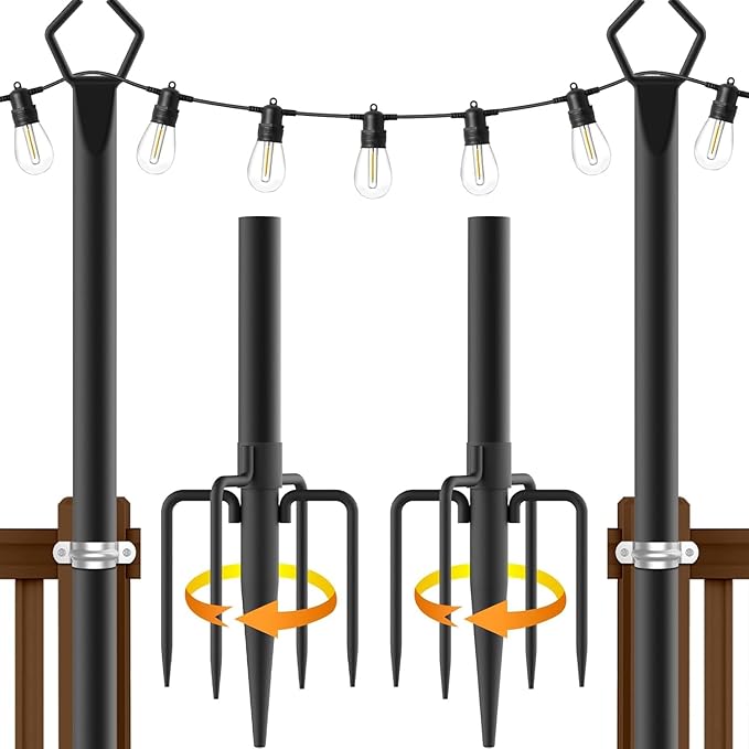 10Ft String Light Poles 2 Pack,Light Poles for Outside Lights,Outdoor with Fence Brackets Hanging Lights,Metal Stand Deck Patio Backyard-BloomoryGarden