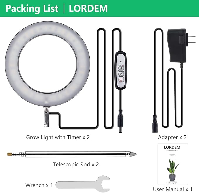 LORDEM Plant Grow Light, Full Spectrum Plant Light for Indoor Plants, Brightness Adjustable LED Growing Lamp with Auto On/Off Timer 4H/8H/12H, Height Adjustable, 2 Packs of Black-BloomoryGarden