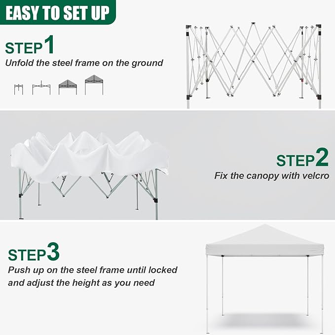 10x10ft Pop Up Canopy Tent,Heavy Duty Waterproof Folding Tent for Camping Parties Events Parties,Outdoor Canopy,Portable Sun Shelter,3 Adjustable Height(White)-BloomoryGarden
