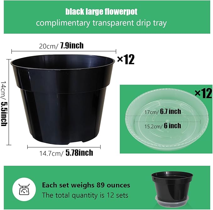 12 Pack Plant Pots, 8 Inch Plant Planter with Clear Saucer, Plastic Pots for Plants Indoor and Out Door Such as Strawberry, Herb and Flowers (Black)-BloomoryGarden