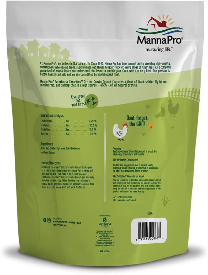 Manna Pro Farmhouse Favorites Critter Combo Crunch Poultry Treat - Protein Poultry Treat - Encourages Natural Foraging Behavior - 100% Natural Blend of Soldier Fly Larvae, Mealworms & Shrimp - 2lb Bag-BloomoryGarden